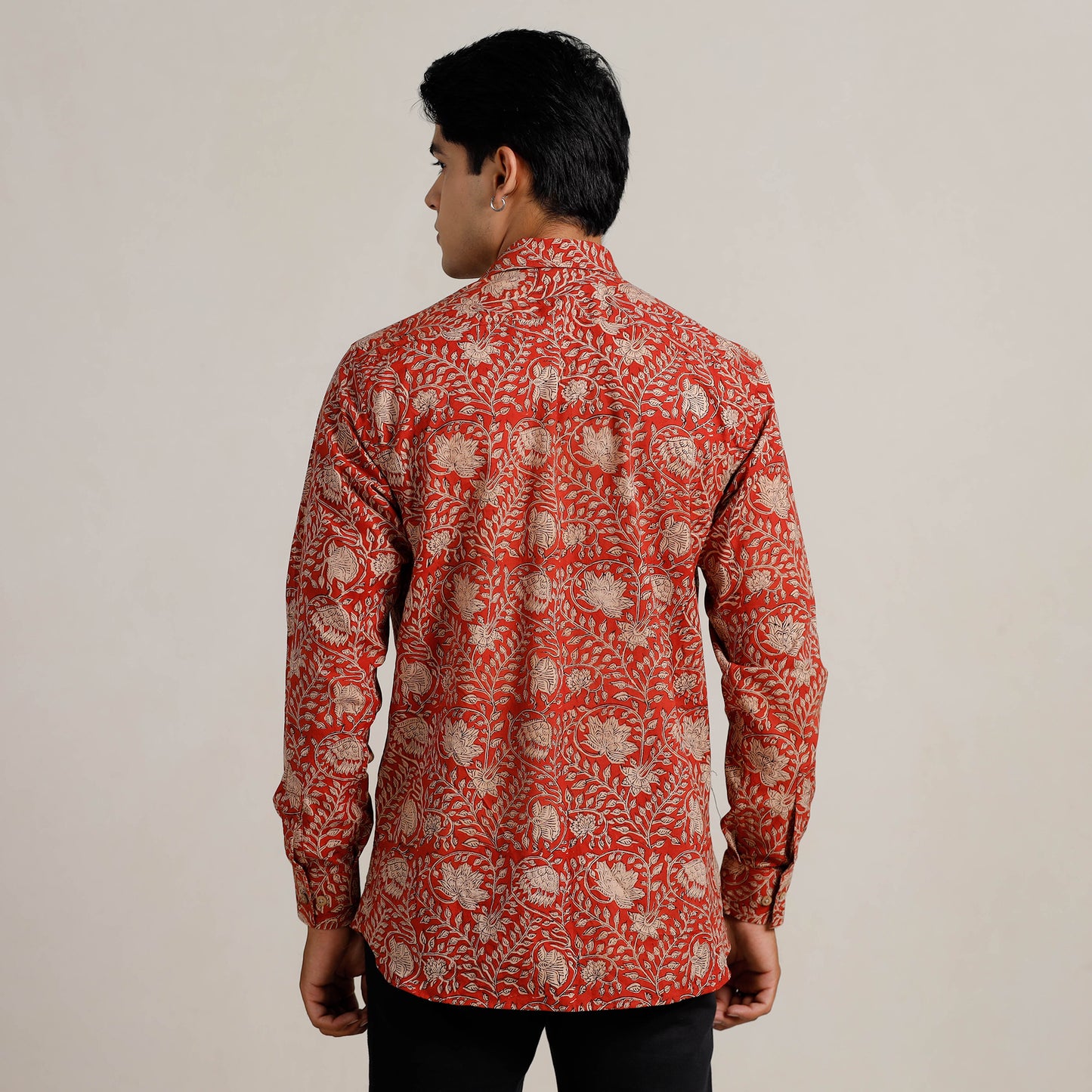 Red - Bagru Block Printed Cotton Men Full Sleeve Shirt 14