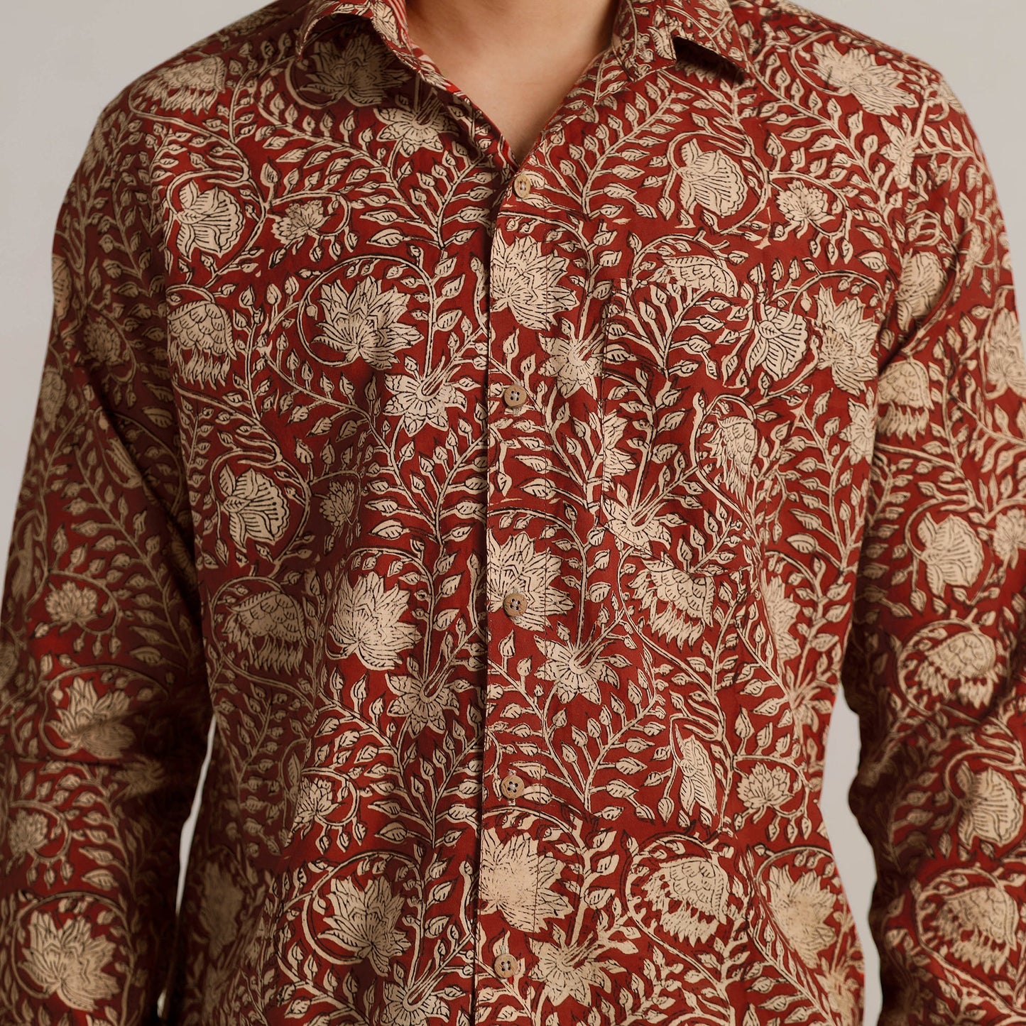 Red - Bagru Block Printed Cotton Men Full Sleeve Shirt 14