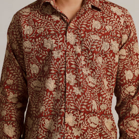 Red - Bagru Block Printed Cotton Men Full Sleeve Shirt 14
