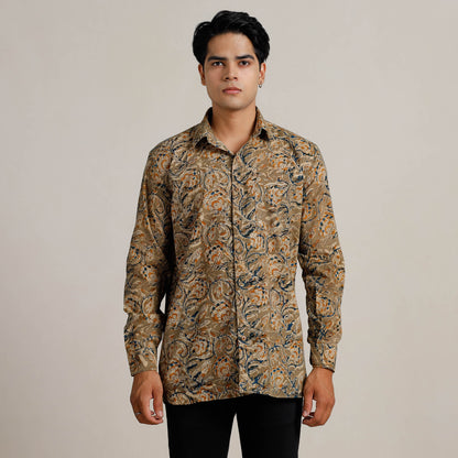 Brown - Kalamkari Block Printed Cotton Men Full Sleeve Shirt 09