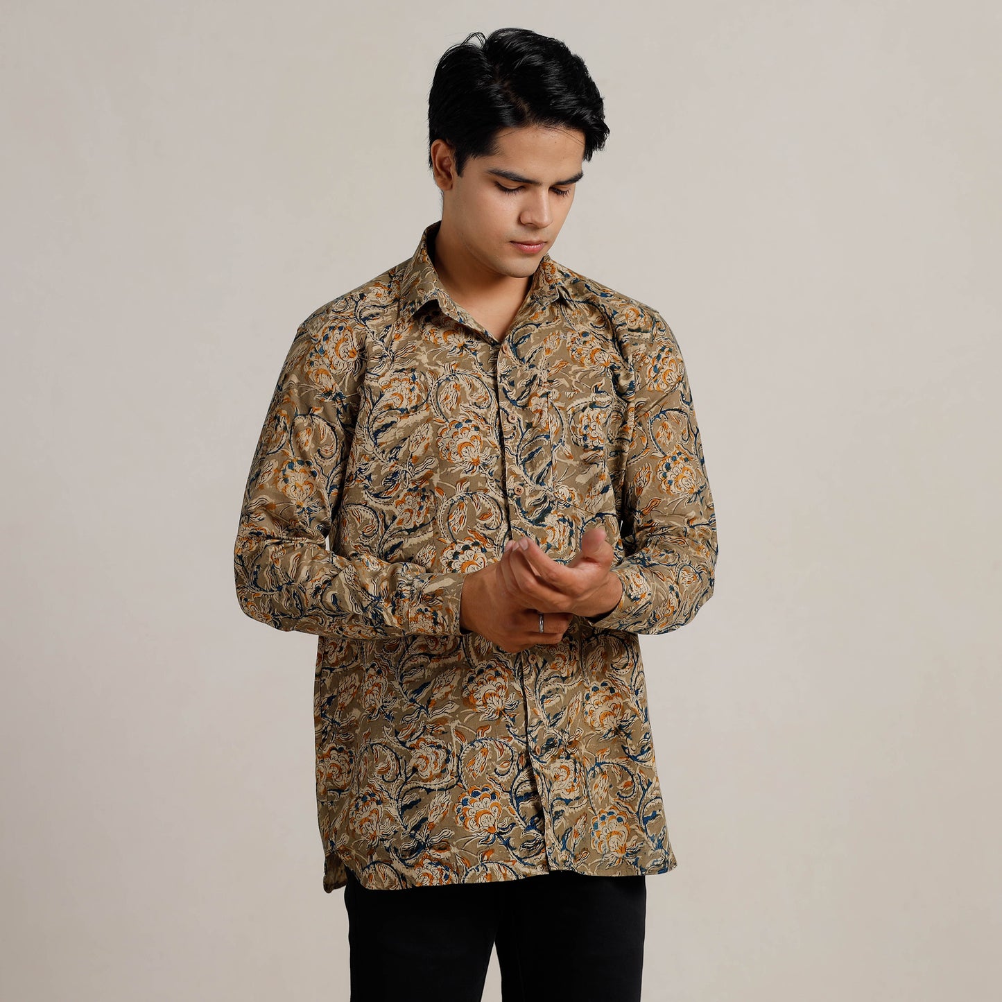Brown - Kalamkari Block Printed Cotton Men Full Sleeve Shirt 09