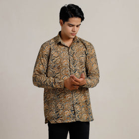 Brown - Kalamkari Block Printed Cotton Men Full Sleeve Shirt 09
