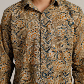 Brown - Kalamkari Block Printed Cotton Men Full Sleeve Shirt 09