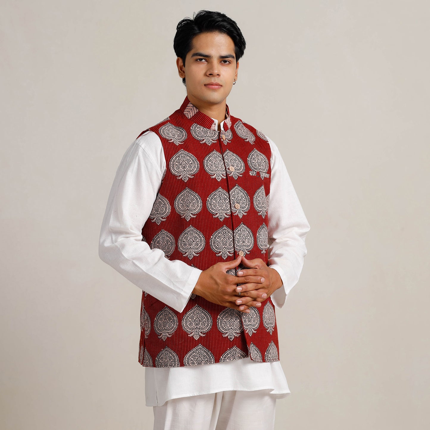 Red - Men Maroon Nehru Jacket in Bagh Block Printing 06