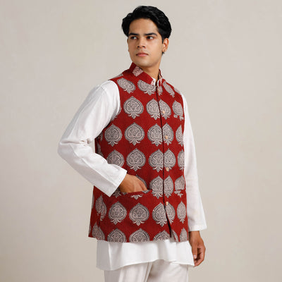 Red - Men Maroon Nehru Jacket in Bagh Block Printing 06