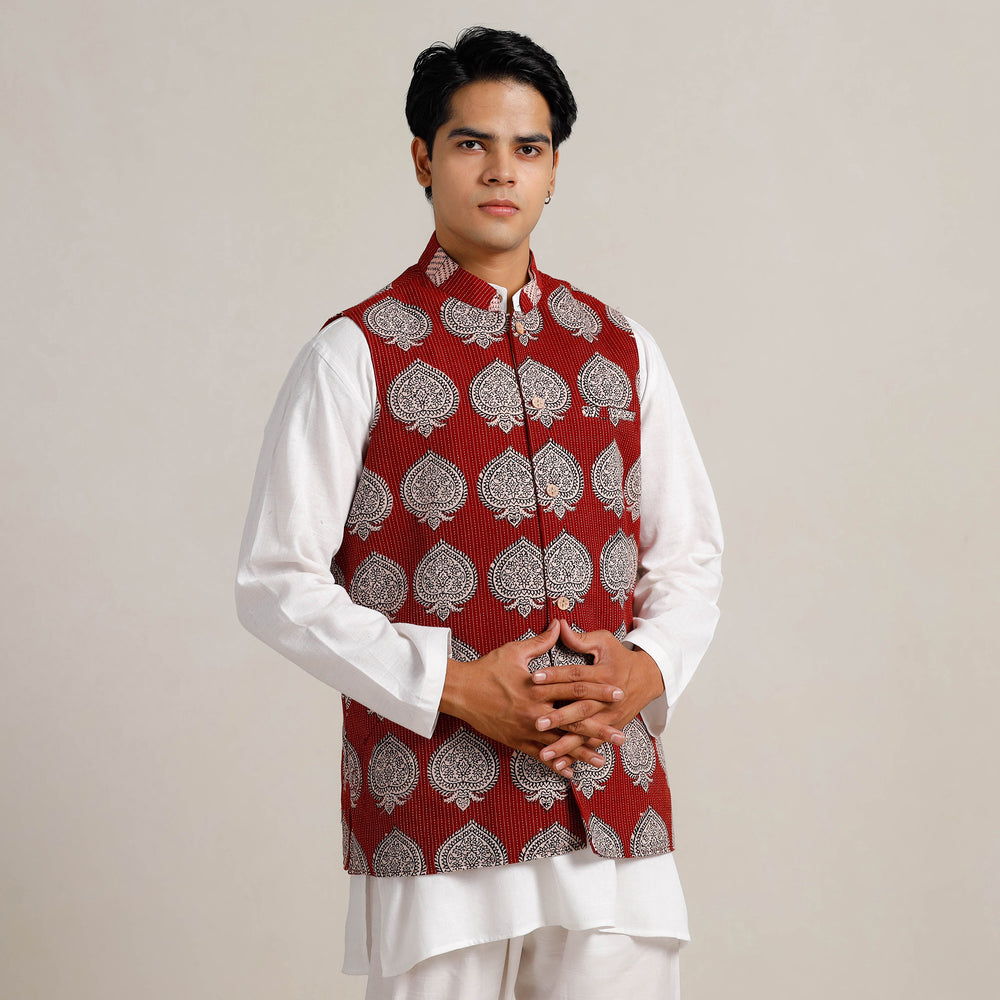 Red - Maroon Bagh Print Nehru Jacket for Men 06