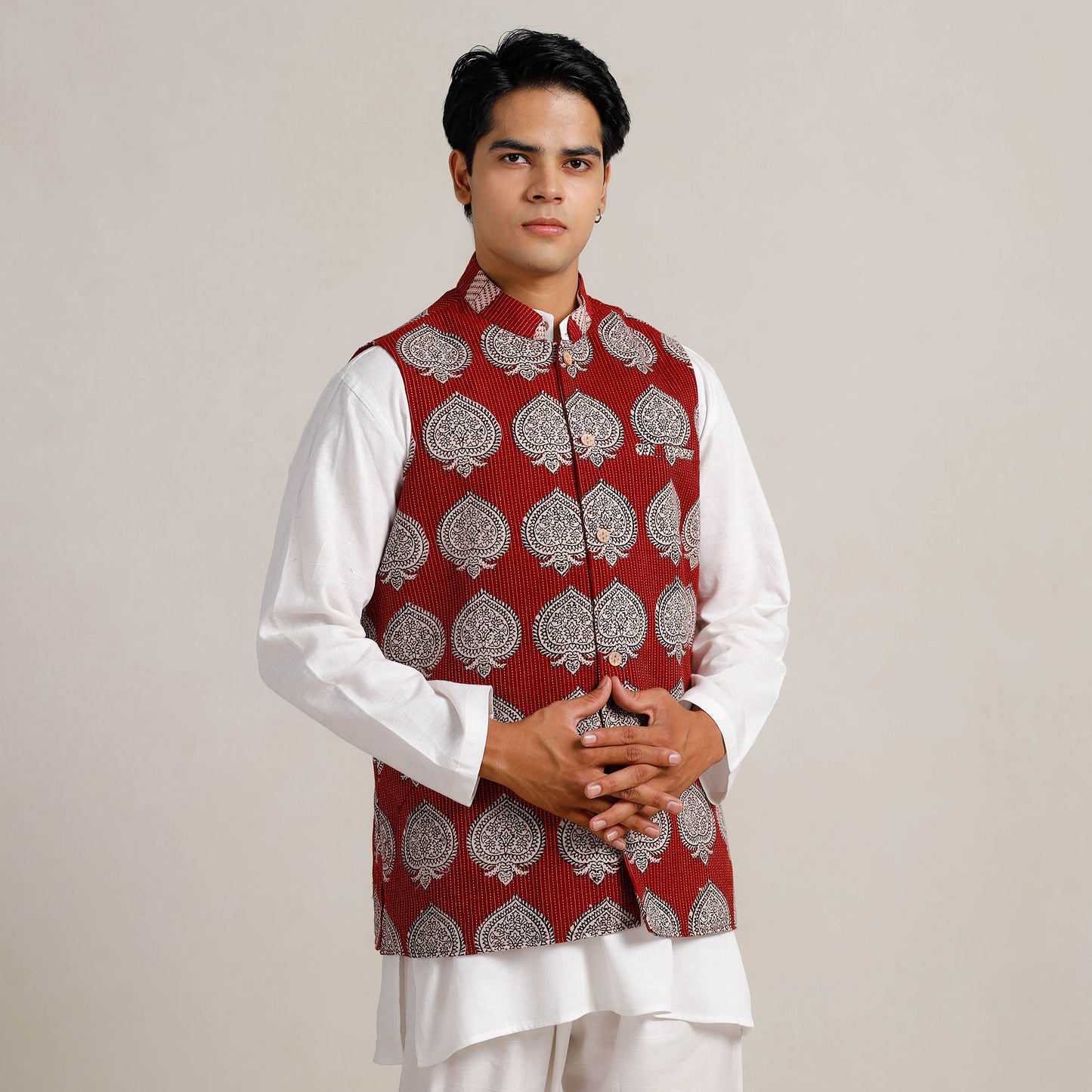 Red - Men Maroon Nehru Jacket in Bagh Block Printing 06