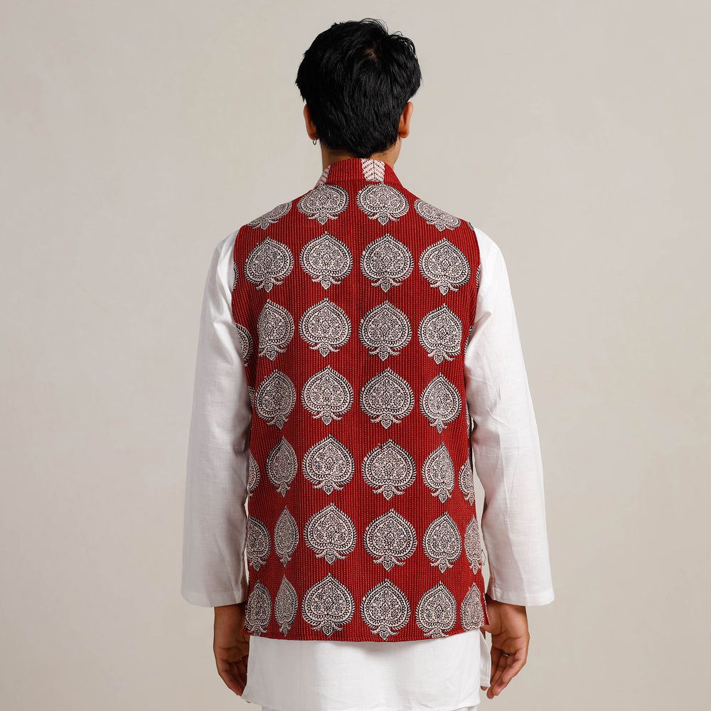 Red - Maroon Bagh Print Nehru Jacket for Men 06