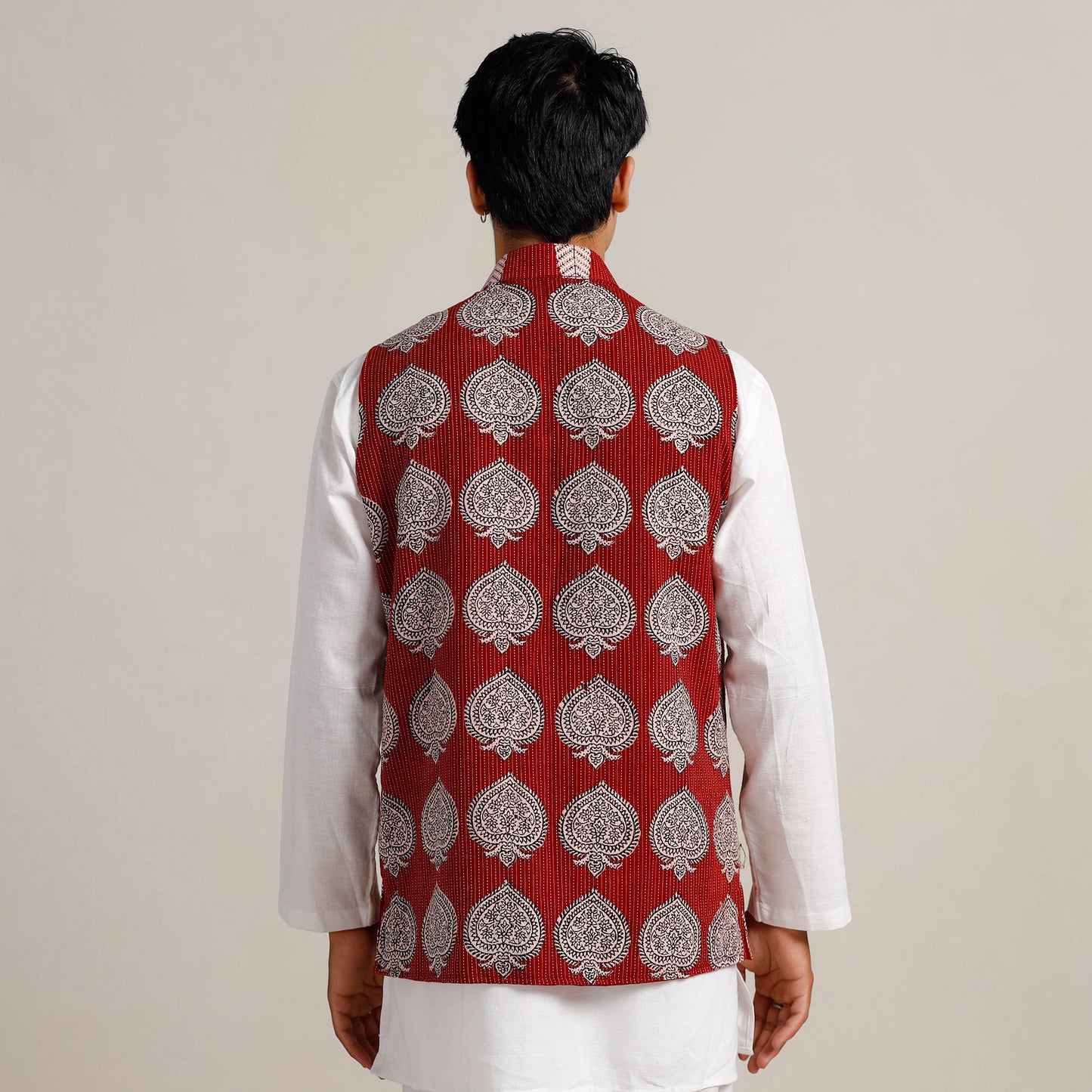 Red - Men Maroon Nehru Jacket in Bagh Block Printing 06