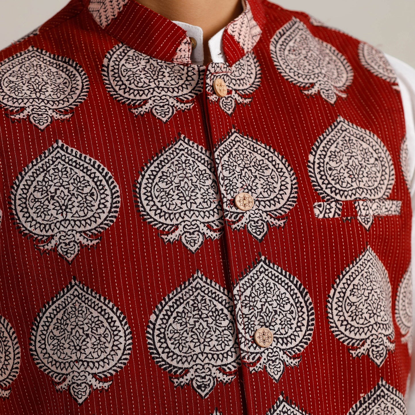 Red - Men Maroon Nehru Jacket in Bagh Block Printing 06