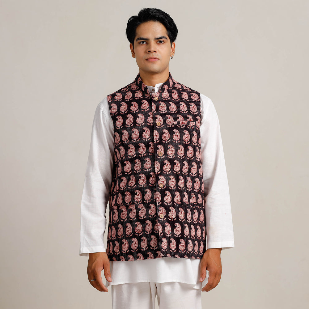 Black Bagh Print Nehru Jacket for Men 10