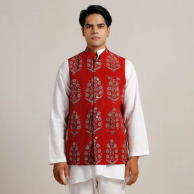Red - Bagh Print Nehru Jacket for Men 03
