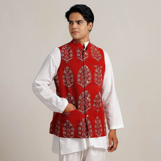 Red - Men Maroon Nehru Jacket in Bagh Block Printing 03