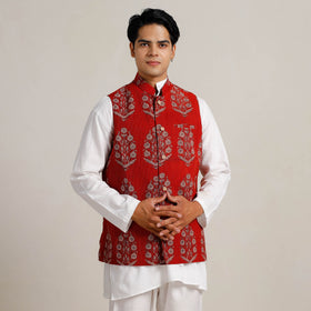 Red - Bagh Print Nehru Jacket for Men 03