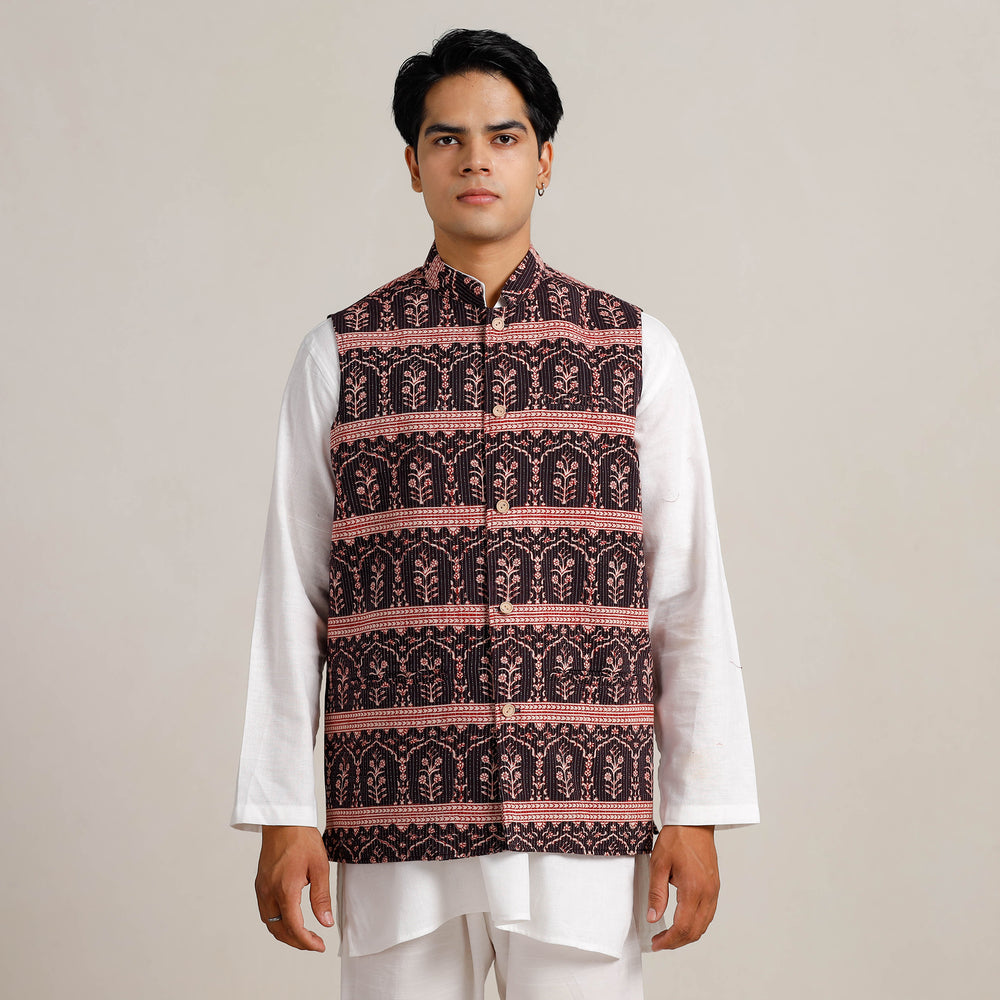 Black Bagh Print Nehru Jacket for Men 02