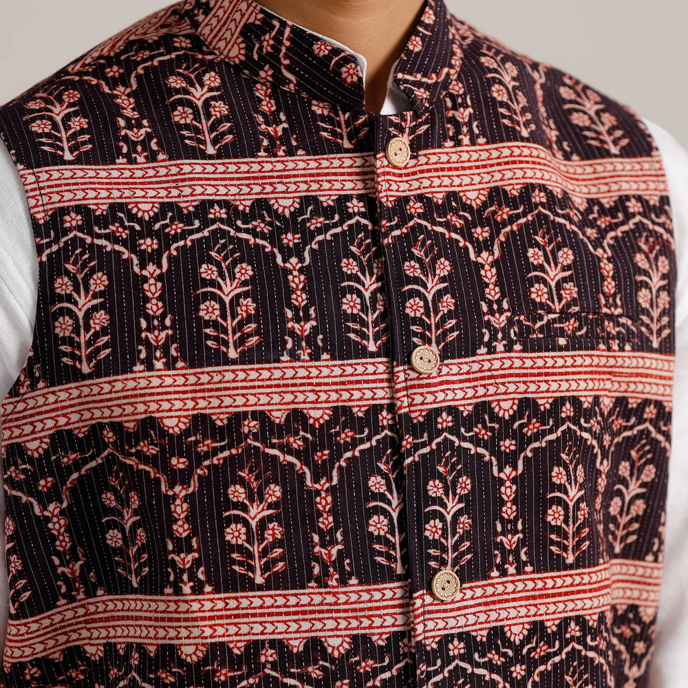 Black Bagh Print Nehru Jacket for Men 02