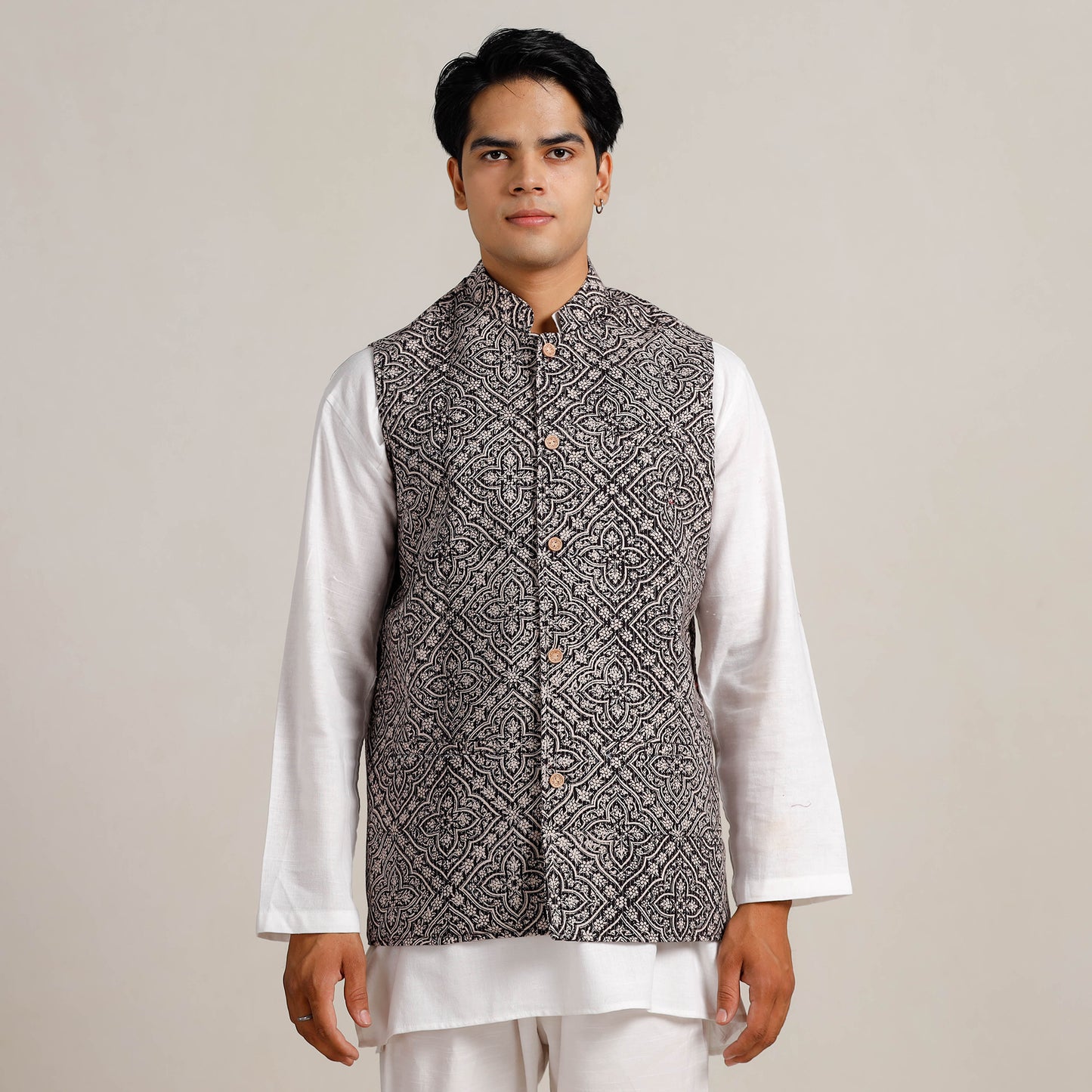 Black Bagh Print Nehru Jacket for Men 01