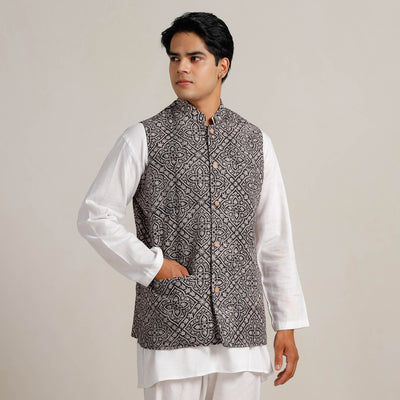 Men Black Nehru Jacket in Bagh Block Printing 01