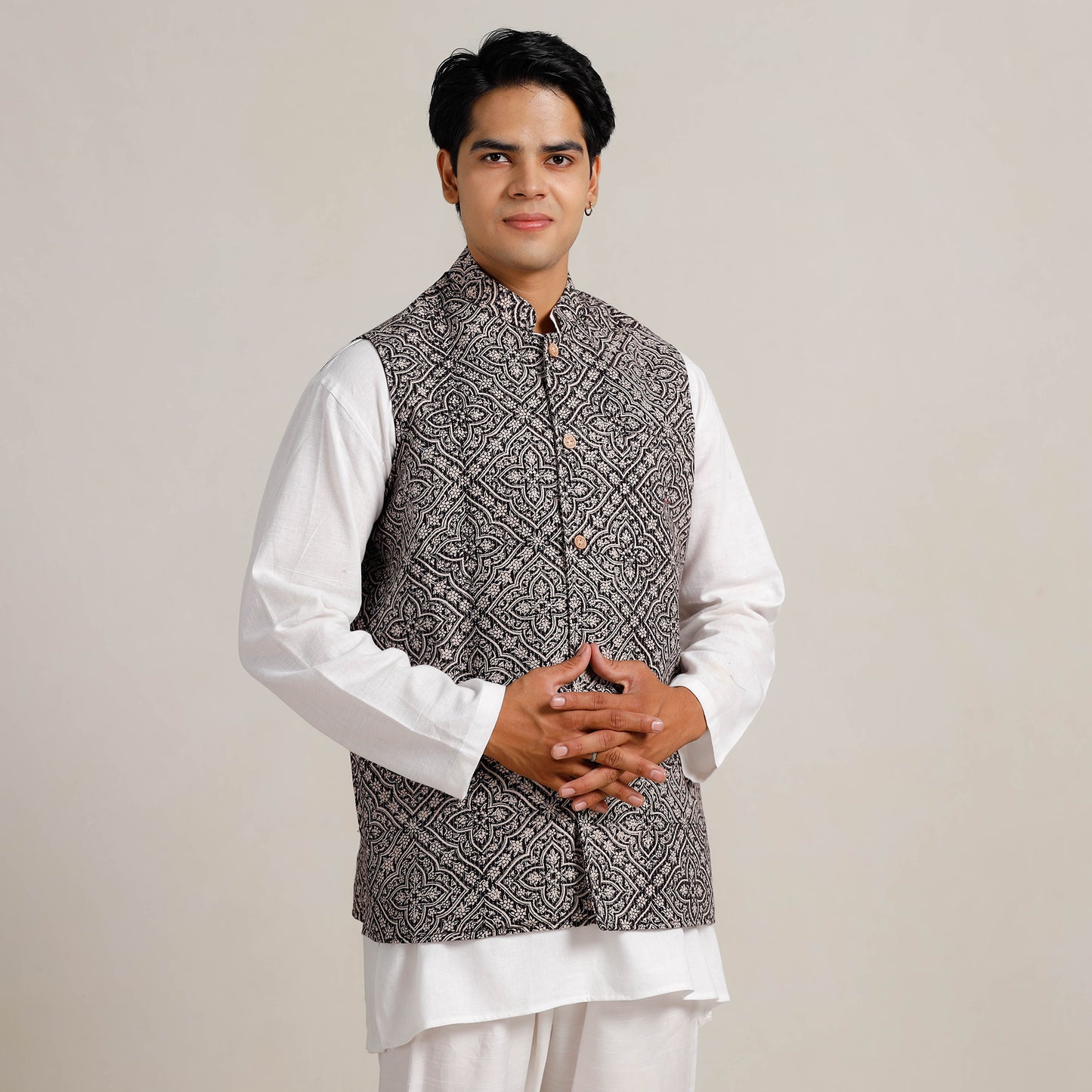 Men Black Nehru Jacket in Bagh Block Printing 01