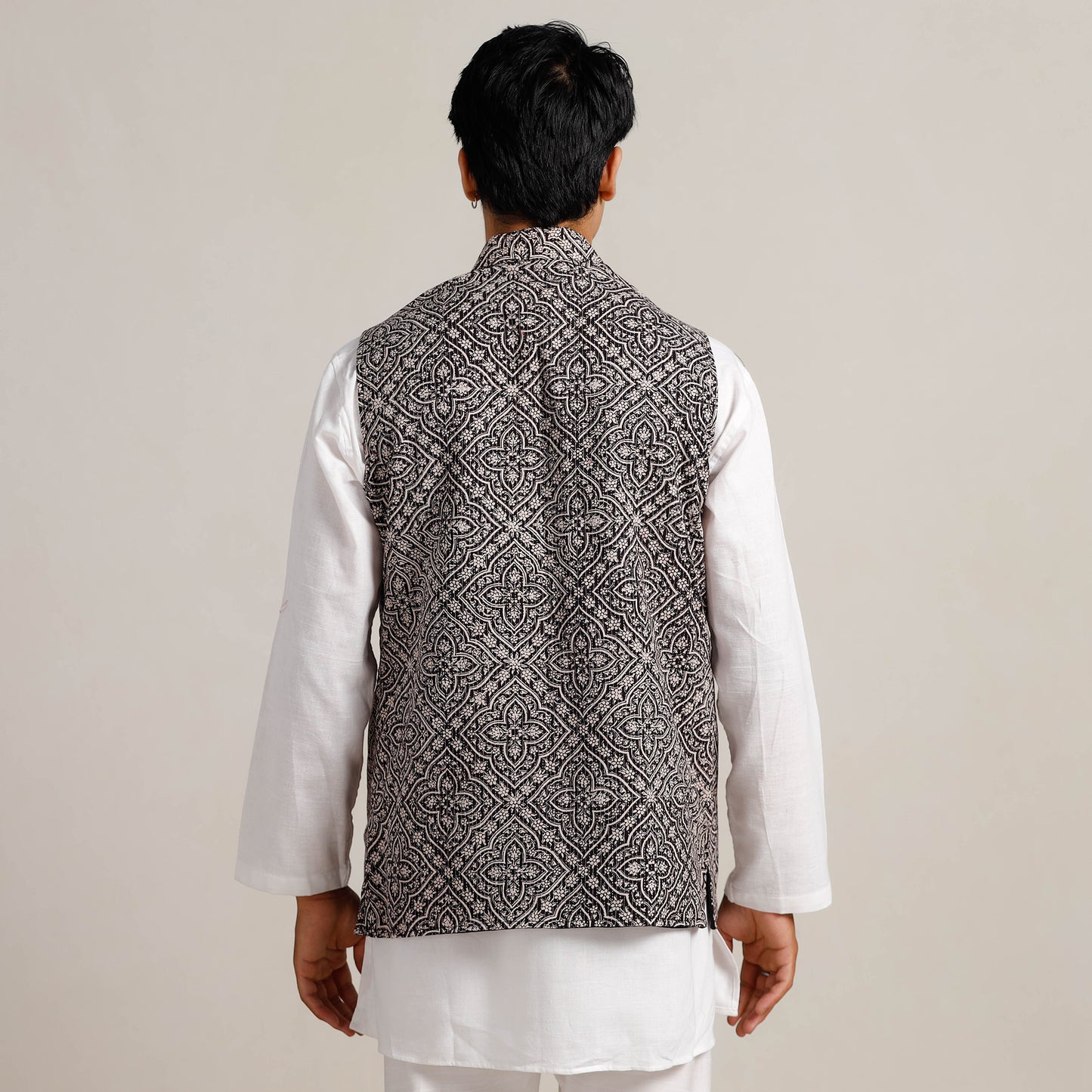 Black Bagh Print Nehru Jacket for Men 01