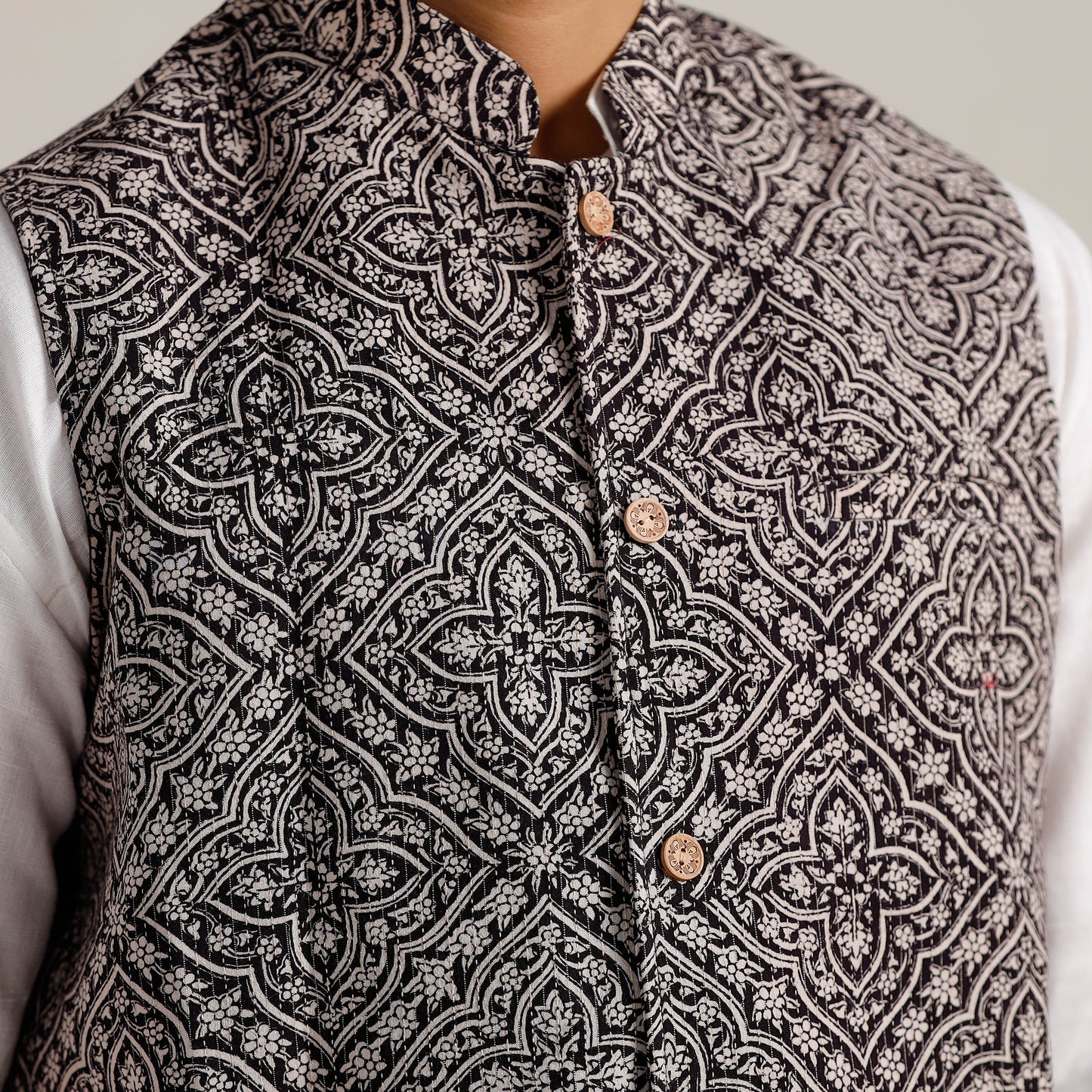 Men Black Nehru Jacket in Bagh Block Printing 01