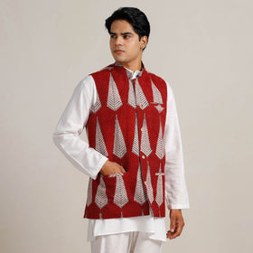 Red - Bagh Print Nehru Jacket for Men 07