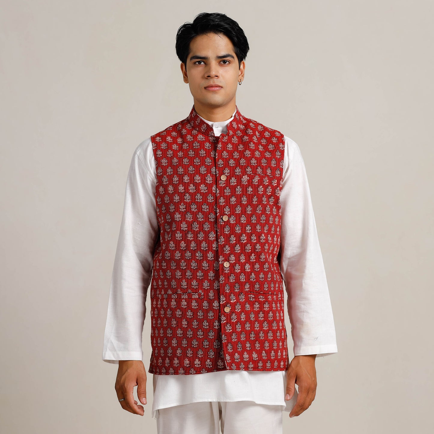 Red - Men Maroon Nehru Jacket in Bagh Block Printing 04