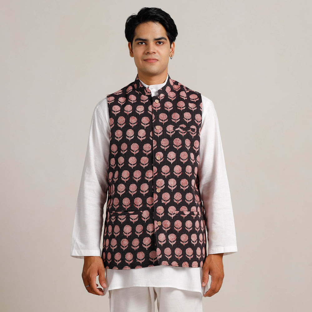 Black Bagh Print Nehru Jacket for Men 09