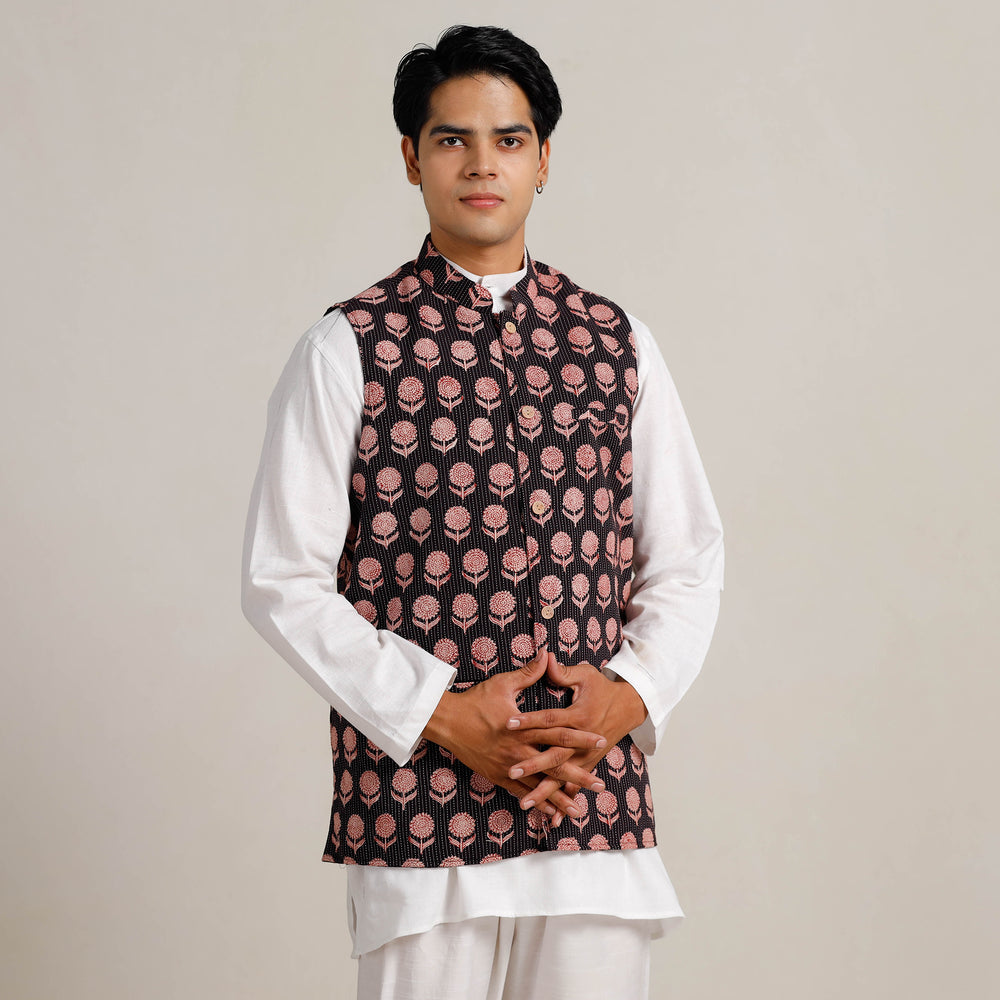 Black Bagh Print Nehru Jacket for Men 09