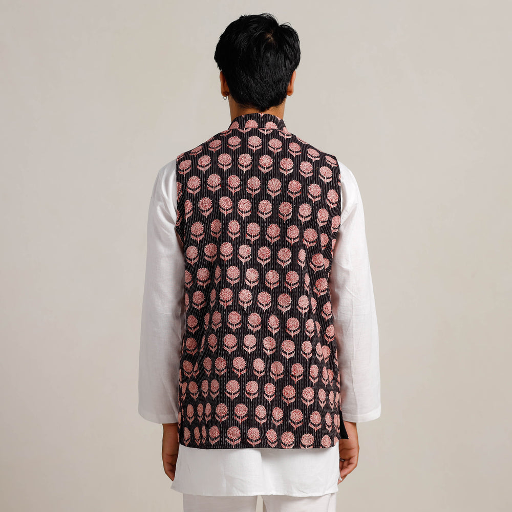 Black Bagh Print Nehru Jacket for Men 09