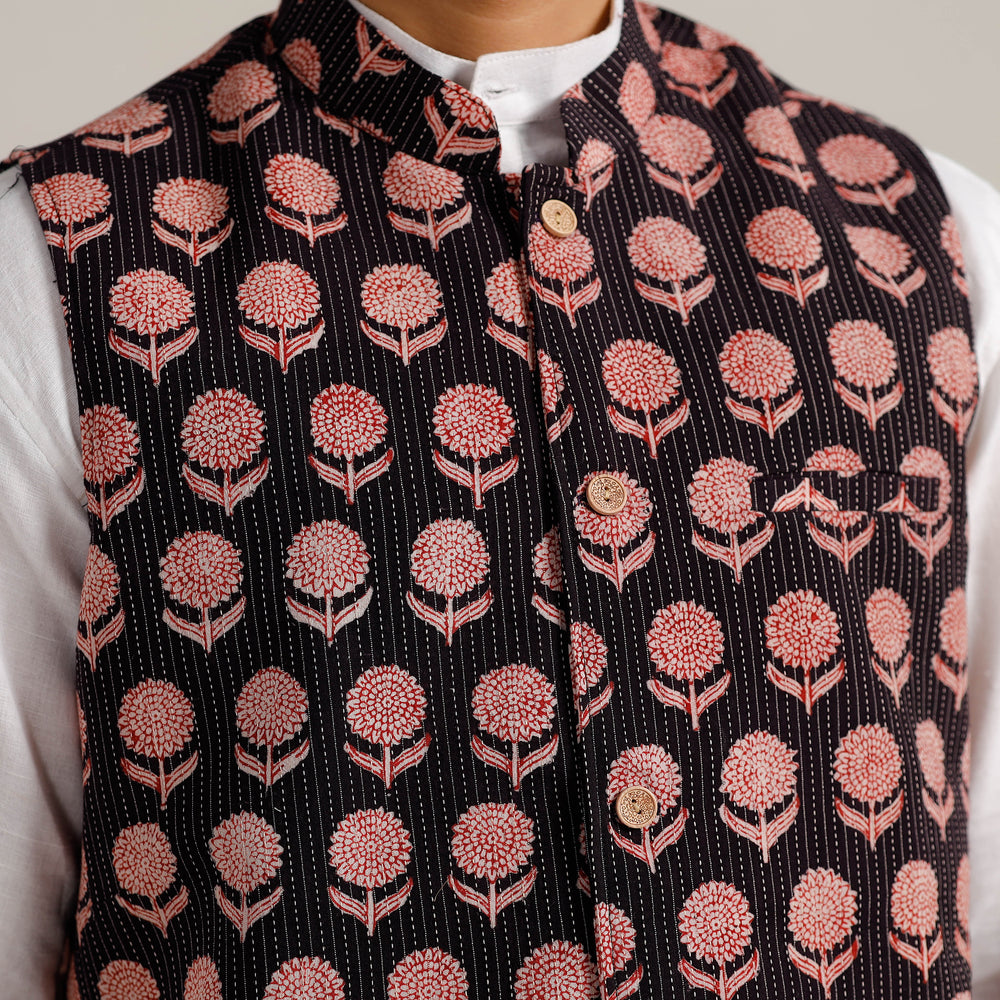 Black Bagh Print Nehru Jacket for Men 09