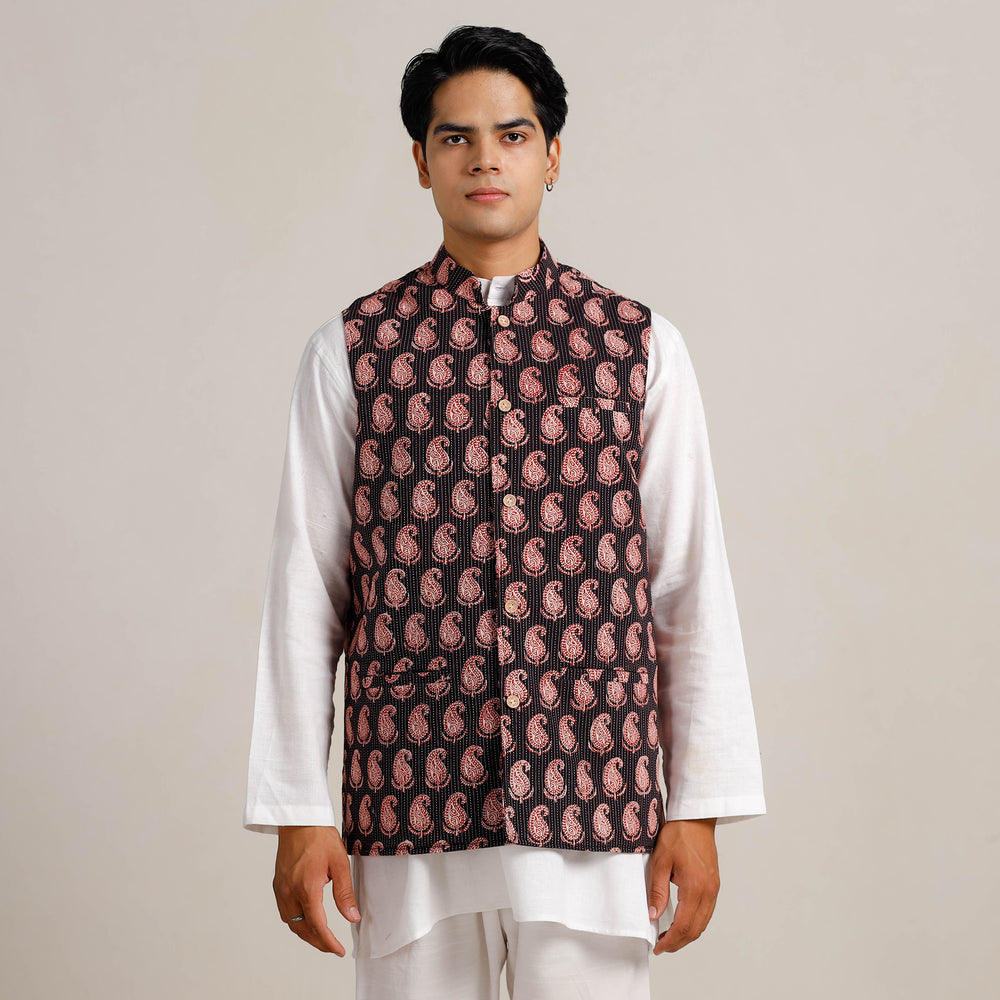 Black Bagh Print Nehru Jacket for Men 05