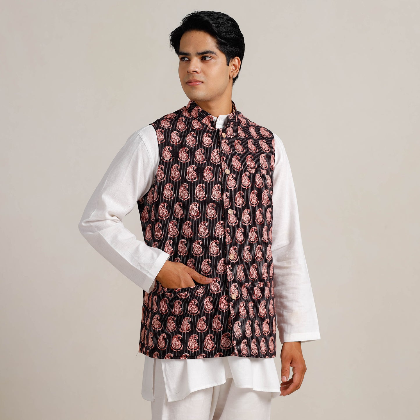 Men Black Nehru Jacket in Bagh Block Printing 05