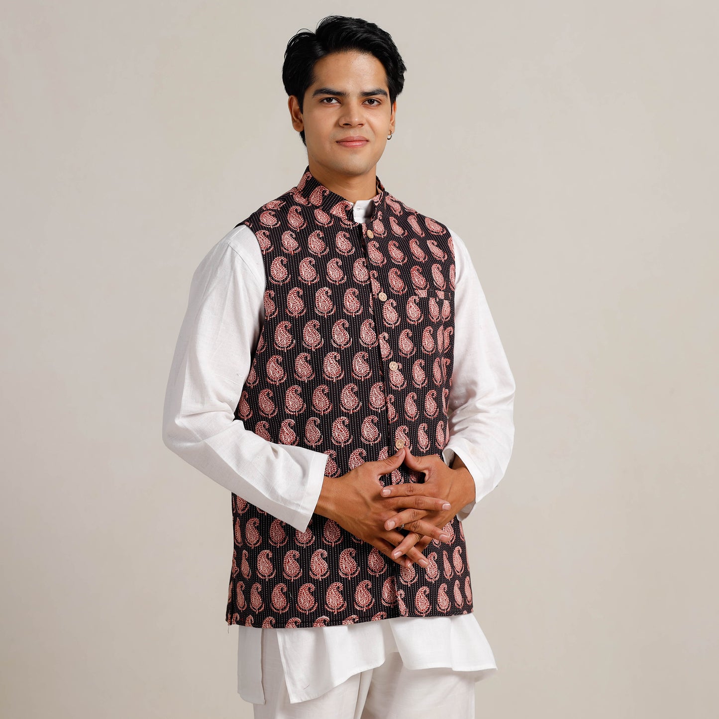 Men Black Nehru Jacket in Bagh Block Printing 05