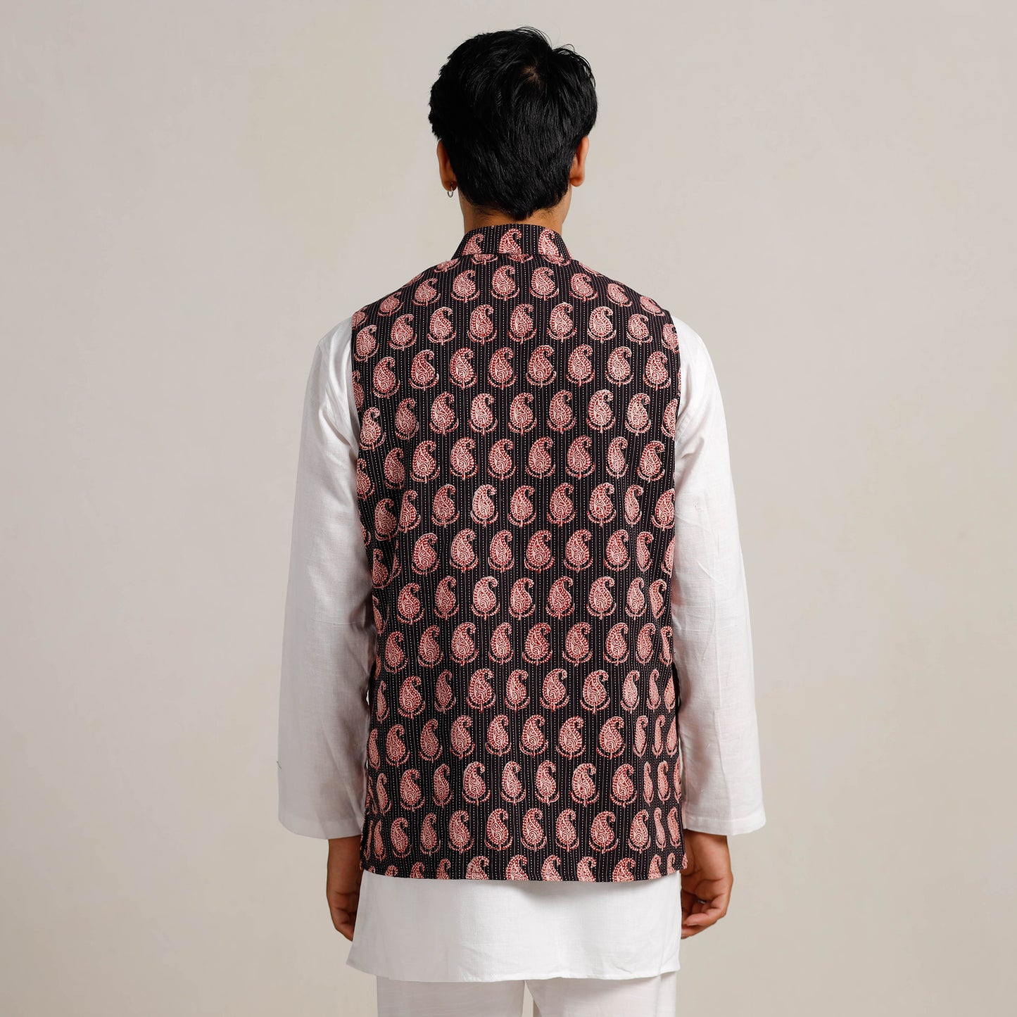 Men Black Nehru Jacket in Bagh Block Printing 05