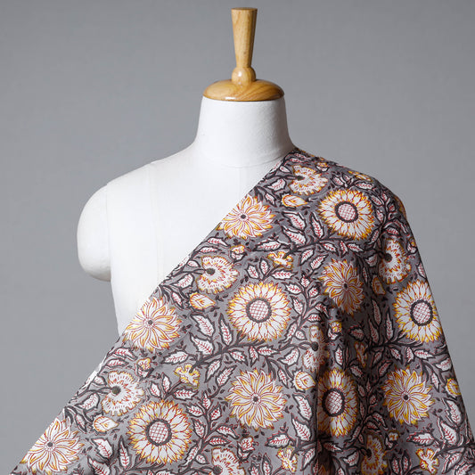 Grey - Sunflower Pattern Sanganeri Block Printed Cotton Fabric