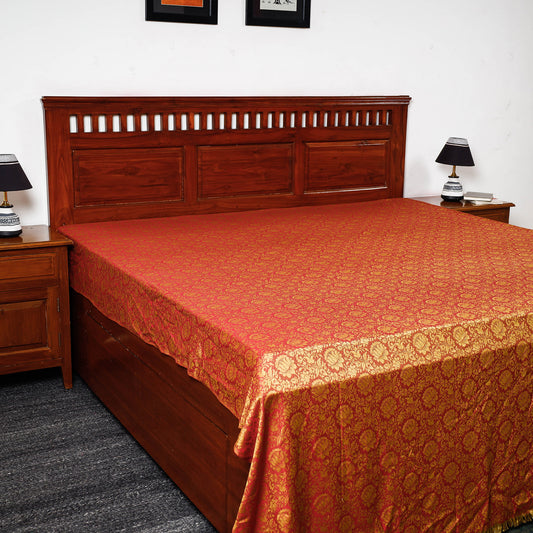Orange - Himroo Handloom Jacquard Mercerized Cotton Double Bed Cover (98 x 88 in)