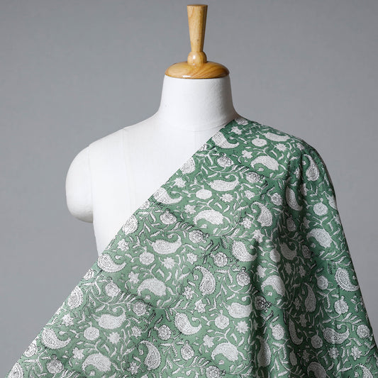 Floral Paisley On Green Sanganeri Block Printed Cotton Fabric