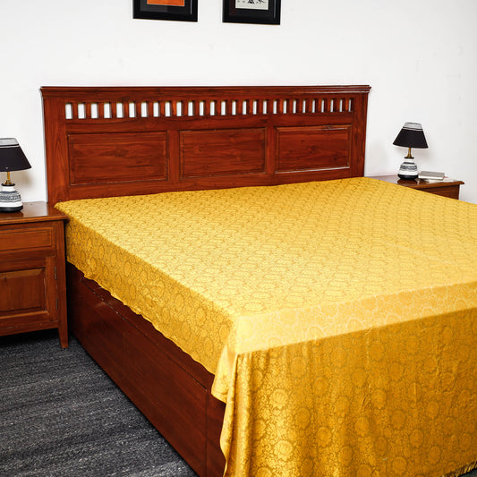 Yellow - Himroo Handloom Jacquard Mercerized Cotton Double Bed Cover (98 x 88 in)