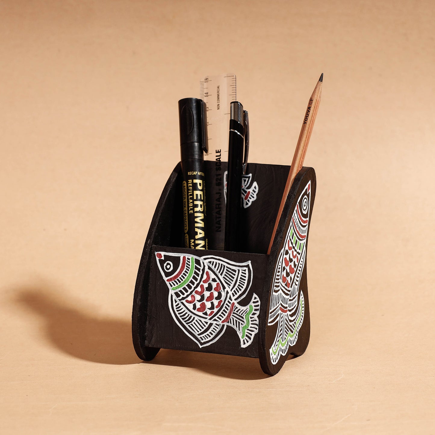 Madhubani Handpainted Wooden Pen Stand (3.5 x 3 in)