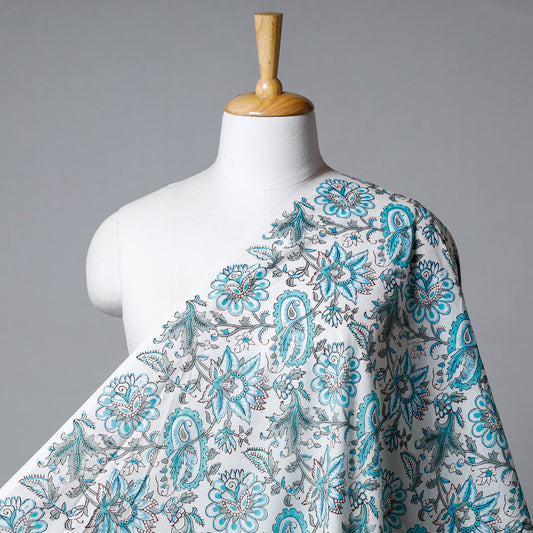 White With Sky Blue Florals Sanganeri Block Printed Cotton Fabric