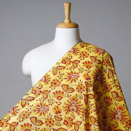 Vivid Yellow Floral Sanganeri Block Printed Cotton Fabric