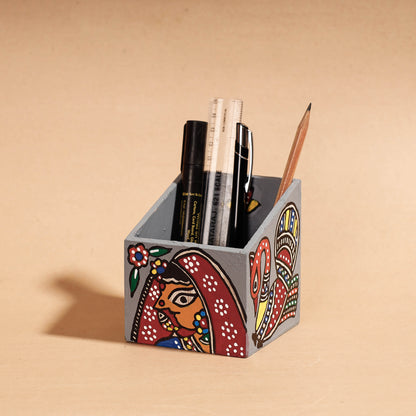 Madhubani Handpainted Wooden Pen Stand (3.5 x 3.5 in)