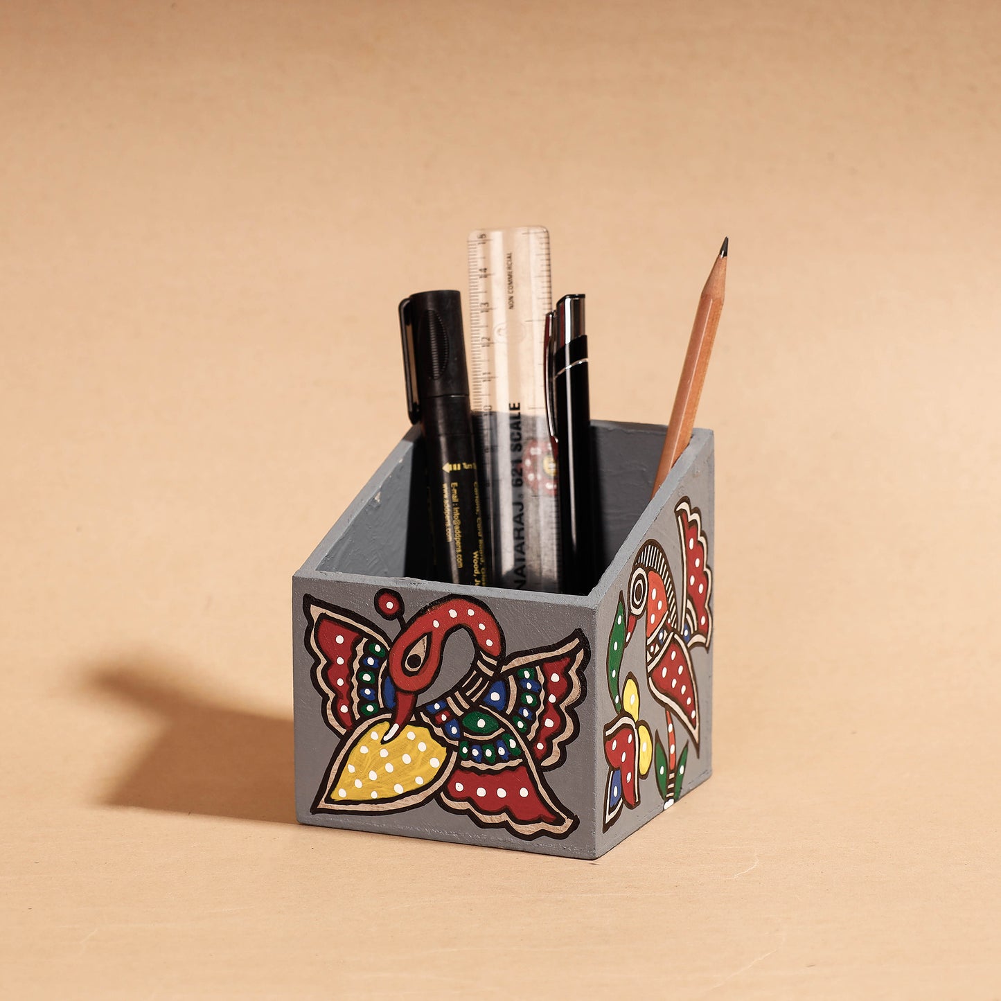 Madhubani Handpainted Wooden Pen Stand (3.5 x 3.5 in)