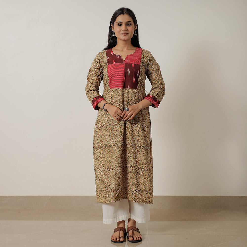 Yellow - Pedana Kalamkari Block Printed Cotton Straight Kurta with Patchwork 03