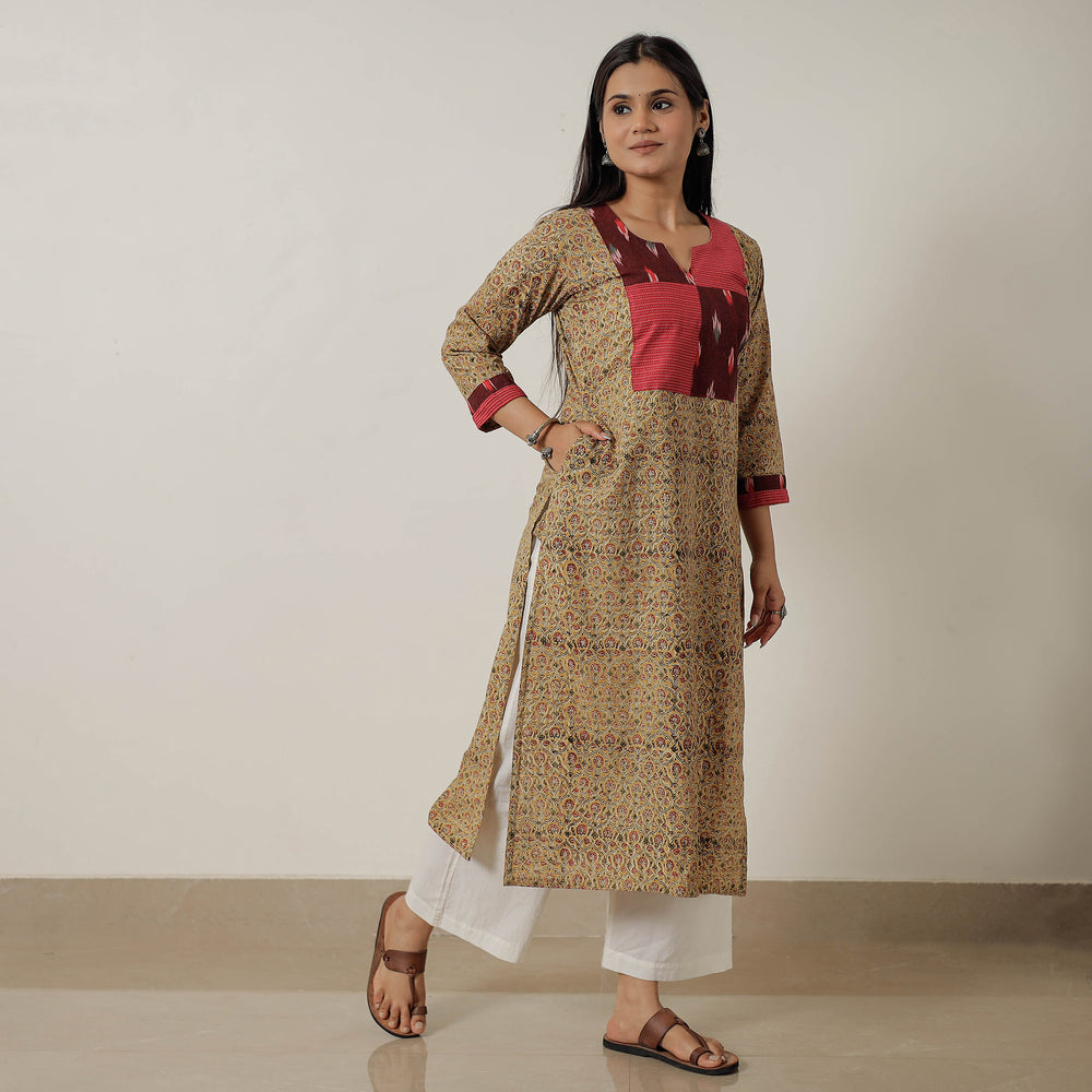 Yellow - Pedana Kalamkari Block Printed Cotton Straight Kurta with Patchwork 03