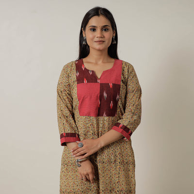 Yellow - Pedana Kalamkari Block Printed Cotton Straight Kurta with Patchwork 03