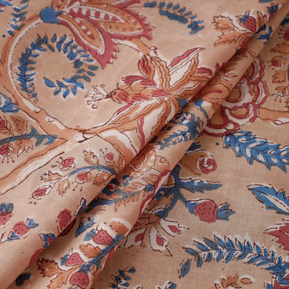 Beige - Ginger Colour Floral Jaal Sanganeri Block Printed Cotton Fabric
