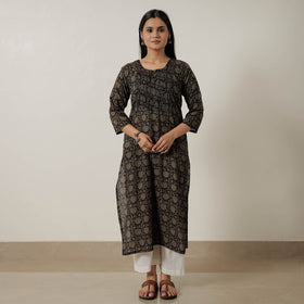 Black Block Print Mul Cotton Straight Bagh Kurta For Women