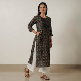 Black Block Print Mul Cotton Straight Bagh Kurta For Women